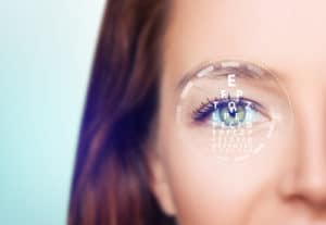 Female eye with eyechart in scanning circle closeup.